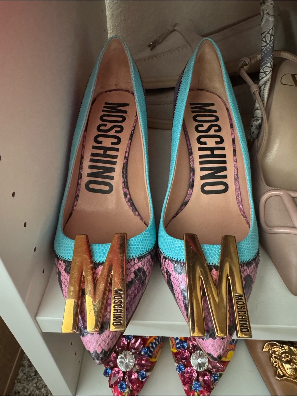 Moschino Pink & Turquoise Snakeskin Pointed Heels with Gold M Logo